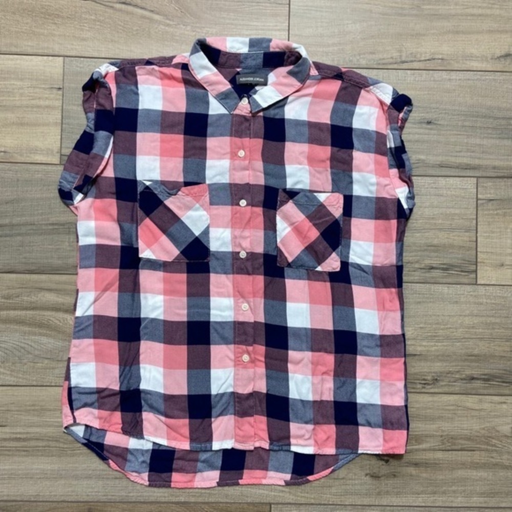 ALEXANDER JORDAN Woman's Roll Cuff Plaid Button Front Top‎ Pink White Navy